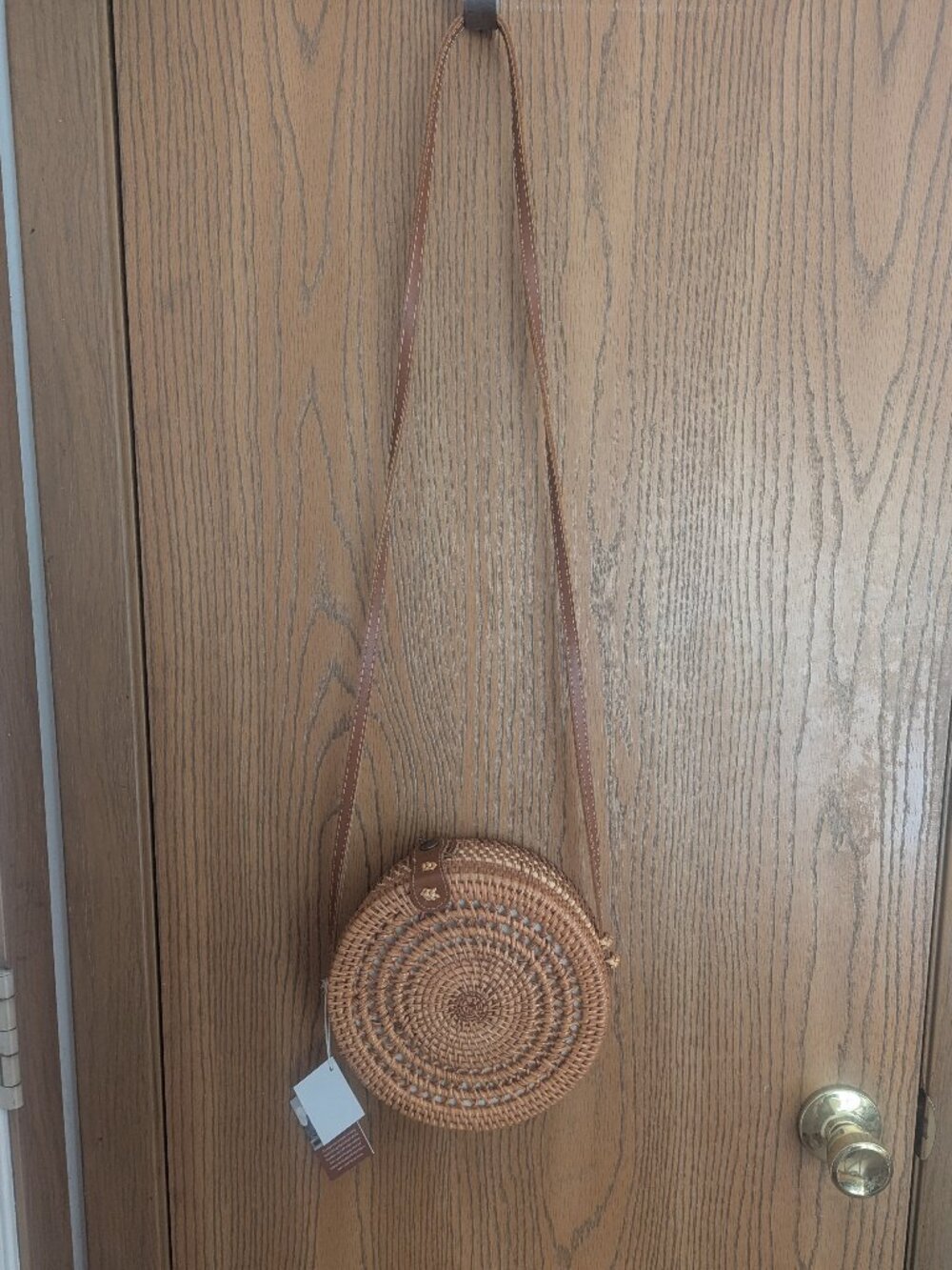 NWT Handmade Rattan Leather Woven  Boho Crossbody Bag Lined Snap Vietnam-8"